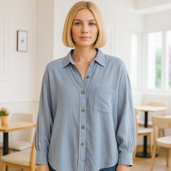 NEW Easel Oversized Small Classic Linen Blend Shirt Light Blue Denim Long Sleeve - Picture 2 of 16